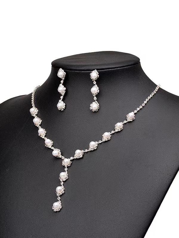 Elegant Faux Pearl & Rhinestone Decorated Jewelry Set, Exquisite Trendy Pendant Necklace & Dangle Earrings, Chic Jewelry Set for Party & Daily Clothing Decor