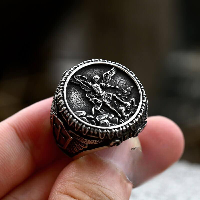 Archangel Saint Michael stainless steel men's ring handmade, suitable for men's birthday gift