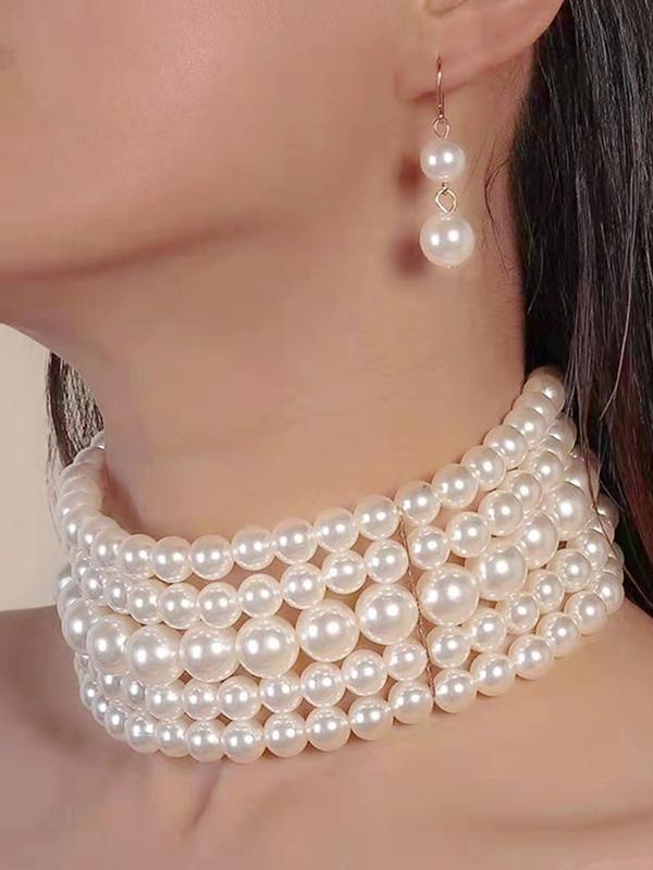 Faux Pearl Decor Layered Chocker Necklace & Dangle Earrings, Fashion Jewelry for Party, Daily Decor, Trendy All-match & Exquisite Jewelry for Birthday Gift