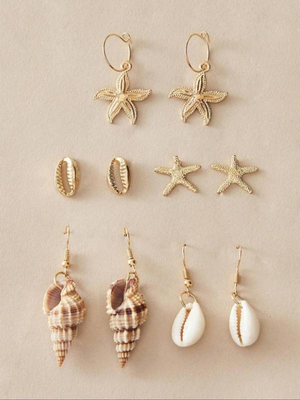 Women's Boho Style Starfish & Shell Design Stud & Dangle Earrings, Retro Dangle & Stud Earrings for Women for Party, Daily Decor, Vintage Jewelry As Gift