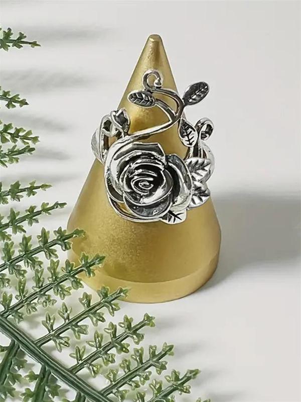 Vintage Flower Rose Design Cuff Ring, 2024 New Fashion Accessories for Women, Girl's Temperament All-match Accessory