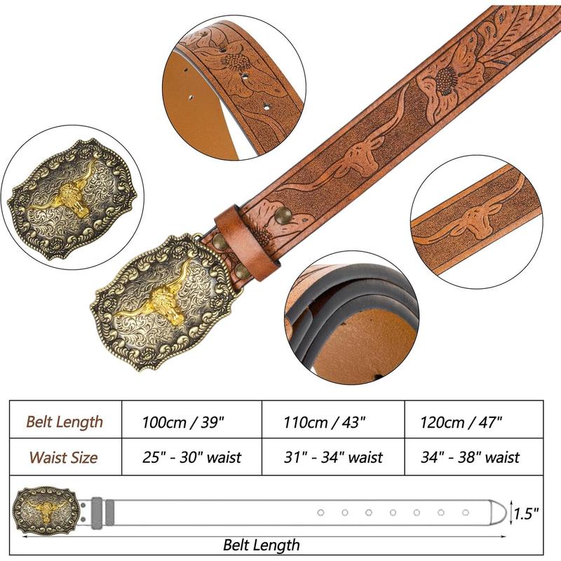 Western cow PU leather belt-men waist strap bull decoration floral engraved for jeans 25 