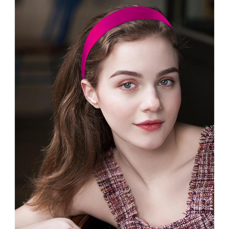 Hot Pink Headband Satin Headbands for Women Girls 1.18 Inch Wide Thin Hard Headbands Non Slip Ribbon Hair Bands Plain Headbands for Crafts DIY Costume Holiday Christmas Valentines Gifts