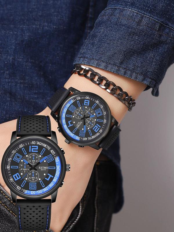 Men's Fashion Round Dial Analog Quartz Watch, Casual Sporty Wristwatch with Silicone Strap, Trendy Watch for Daily Life