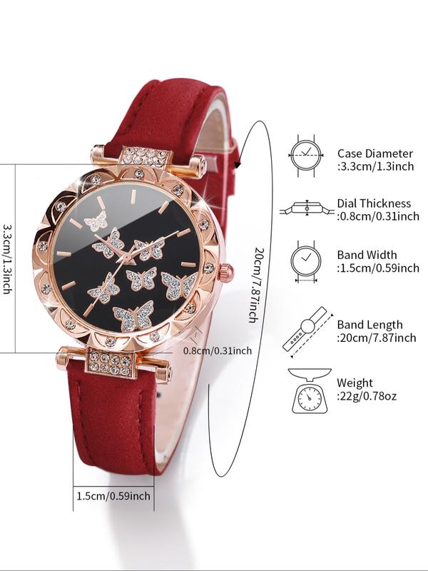 Women's Elegant Round Dial PU Leather Strap Watch & Butterfly Design Jewelry Set, 5 Counts set Wristwatch & Bracelet & Pendant Necklace & Dangle Earrings, Trendy Watch Set without Box