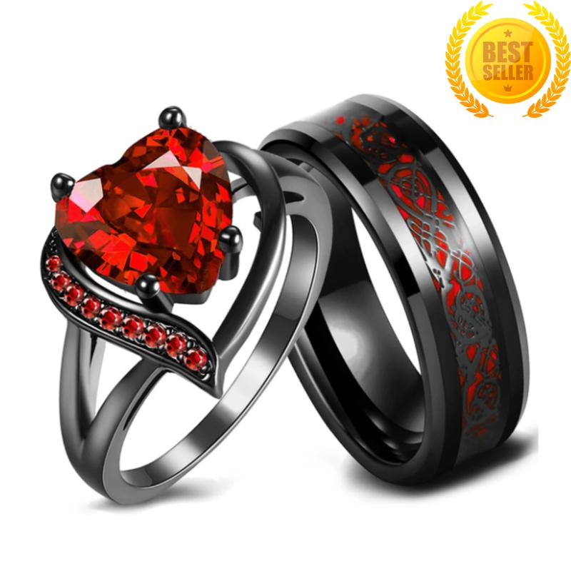 Fashionable couple rings for men and women, heart-shaped red stone couple rings