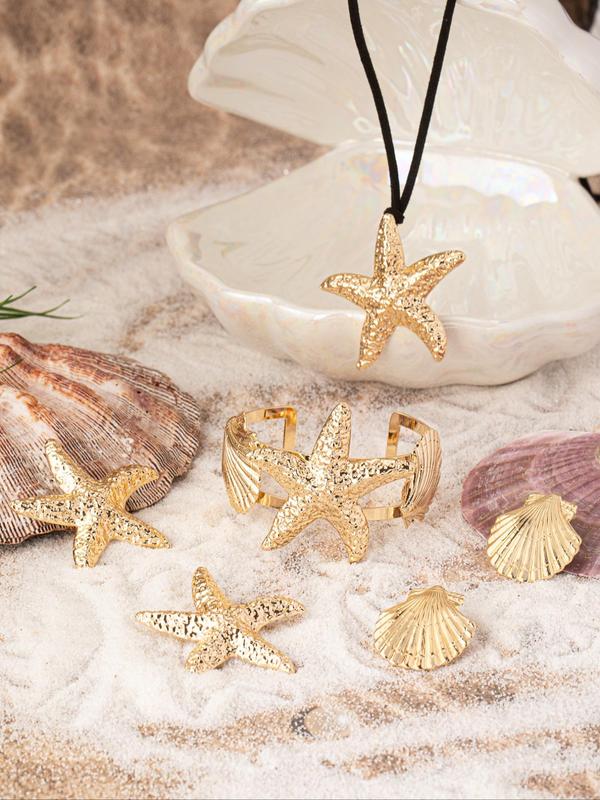 Starfish & Shell Design Jewelry Set, Starfish Shell Stud Earrings Pendant Necklace Cuff Bracelet, Retro Fashion Jewelry for Party, Daily Decor, Exquisite Jewelry for Gift