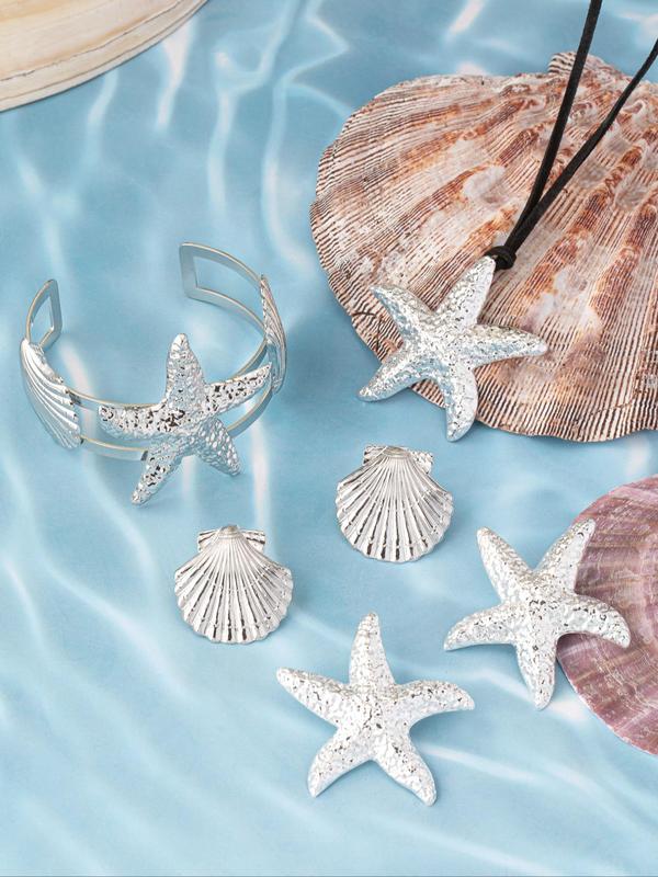 Starfish & Shell Design Jewelry Set, Starfish Shell Stud Earrings Pendant Necklace Cuff Bracelet, Retro Fashion Jewelry for Party, Daily Decor, Exquisite Jewelry for Gift