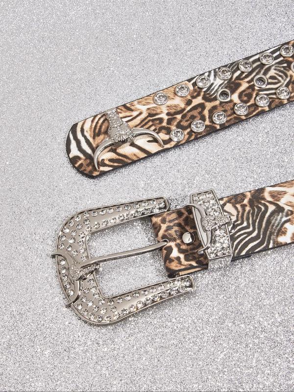 Women's Street Trend Leopard Print Rhinestone Decorated Western Belt, Fashionable Belt for Daily Clothing Decor, Trendy All-match & Exquisite Belt for Birthday Gift