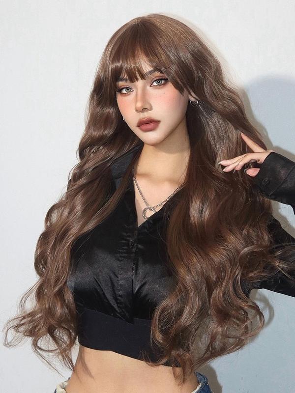 Women's 32inch Long Curly Synthetic Wigs for Daily As Gift, Wig for Cosplay, Parties, Striking Natural Fluffy Hair Wigs with Blunt Bangs for Daily Hairstyle Hairstyle Black Girl