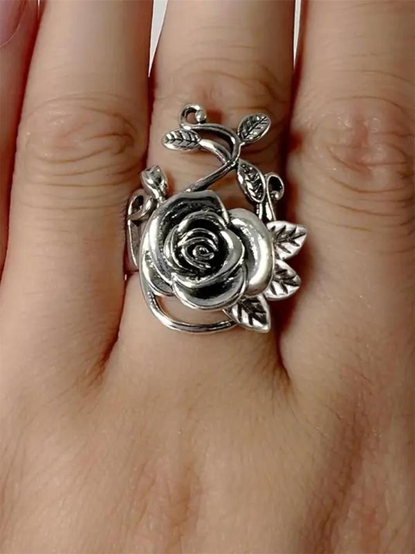 Vintage Flower Rose Design Cuff Ring, 2024 New Fashion Accessories for Women, Girl's Temperament All-match Accessory