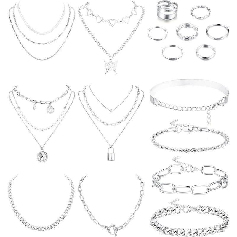 FLORIDECO 17PCS Jewelry Sets for Women Layered Necklaces Chunky Bracelets Knuckle Rings Set Costume Accessories Jewelry Daily