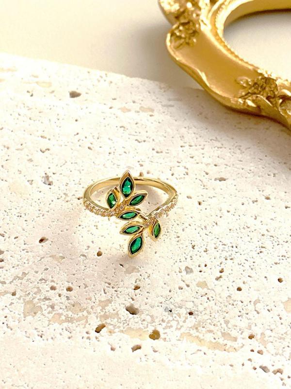 Women's Cute Glittering Leaf Design Cuff Ring, Elegant Promise Ring for Party, Daily Decor for Girl, Trendy All-match & Exquisite Vintage Jewelry for Birthday Gift