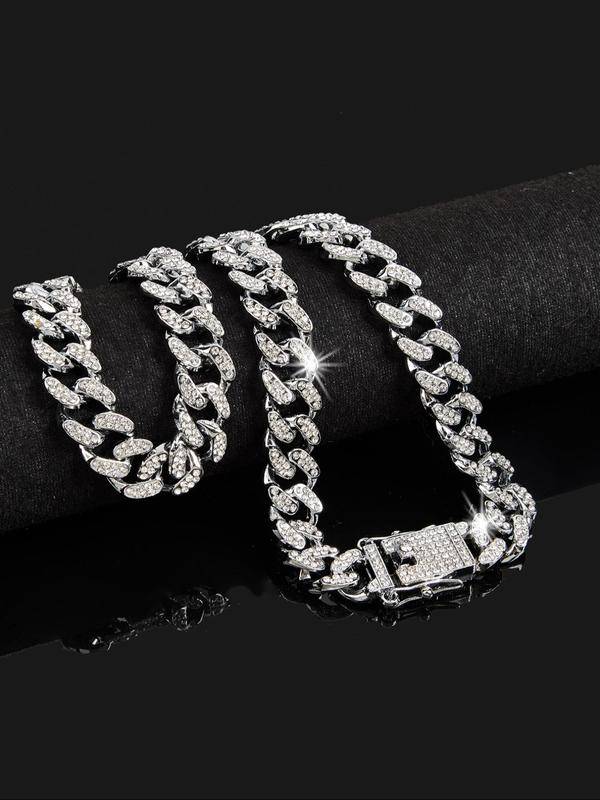 Rhinestone Decorated Cuban Chain Necklace Bracelet, Street Trendy Hip Hop Jewelry for Party, Daily Decor, Trendy All-match & Exquisite Jewelry for Birthday Gift