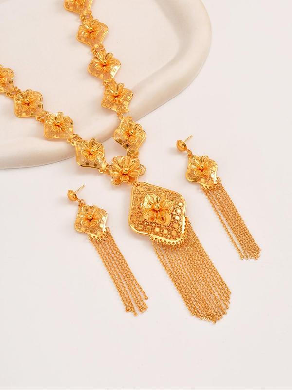 Women's Elegant Hollow Out Flower Design Tassel Necklace & Dangle Earrings, Exquisite Trendy Jewelry Set, Fashionable Accessories for Party & Daily Clothing Decor