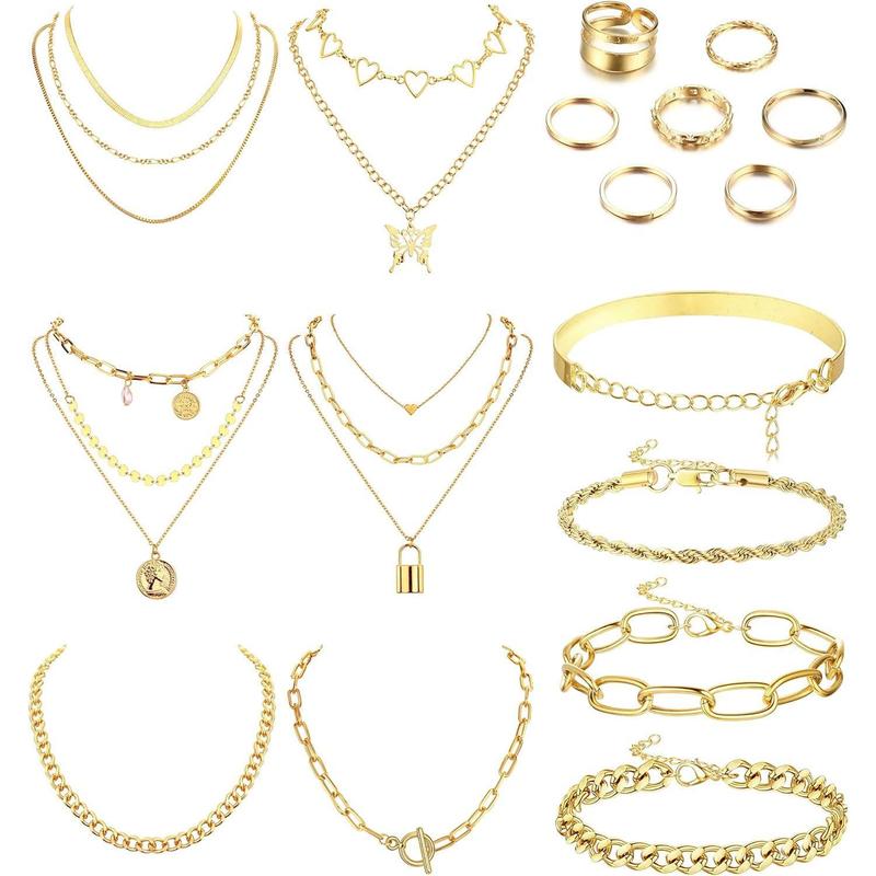 FLORIDECO 17PCS Jewelry Sets for Women Layered Necklaces Chunky Bracelets Knuckle Rings Set Costume Accessories Jewelry Daily