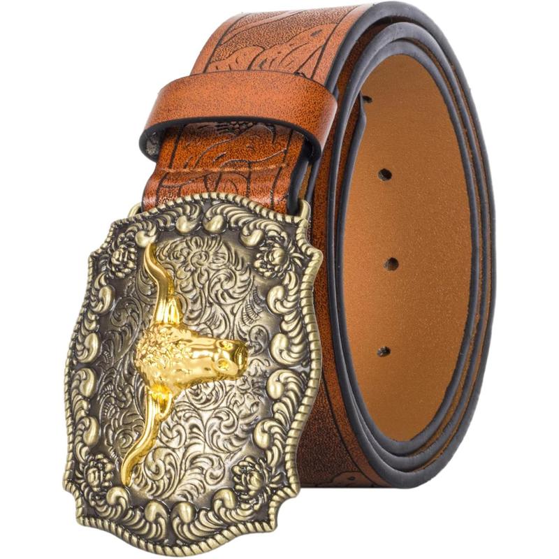 Western cow PU leather belt-men waist strap bull decoration floral engraved for jeans 25 