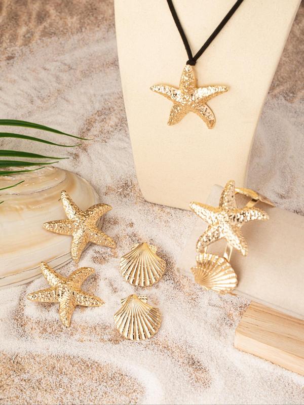 Starfish & Shell Design Jewelry Set, Starfish Shell Stud Earrings Pendant Necklace Cuff Bracelet, Retro Fashion Jewelry for Party, Daily Decor, Exquisite Jewelry for Gift