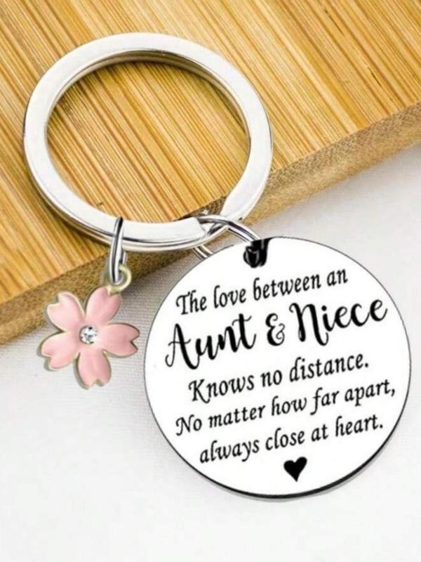 Letter Pattern Keychain with Flower Pendant, Stainless Steel Keychain for Women & Men, Fashion Accessories for Daily Use, Birthday Gift for Aunt