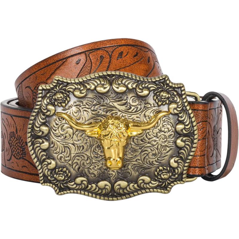 Western cow PU leather belt-men waist strap bull decoration floral engraved for jeans 25 