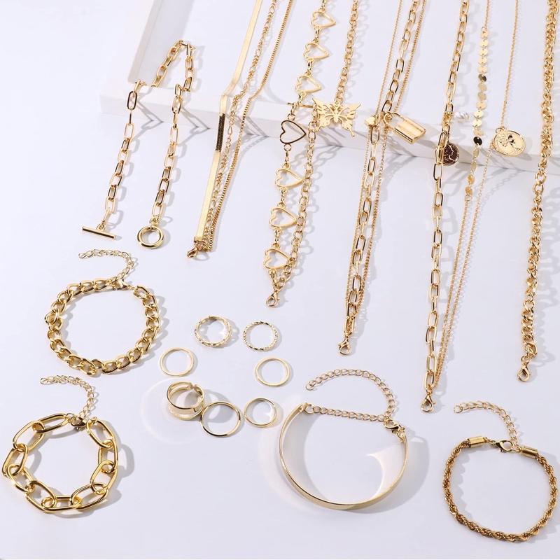 FLORIDECO 17PCS Jewelry Sets for Women Layered Necklaces Chunky Bracelets Knuckle Rings Set Costume Accessories Jewelry Daily