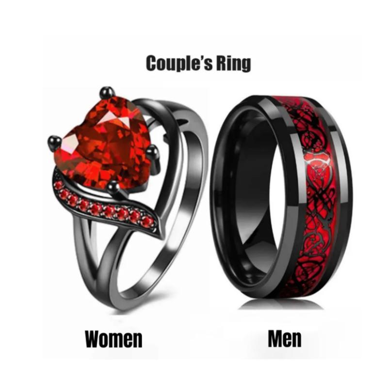 Fashionable couple rings for men and women, heart-shaped red stone couple rings