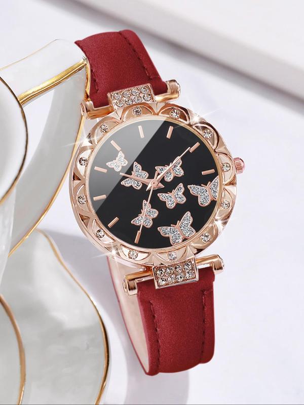 Women's Elegant Round Dial PU Leather Strap Watch & Butterfly Design Jewelry Set, 5 Counts set Wristwatch & Bracelet & Pendant Necklace & Dangle Earrings, Trendy Watch Set without Box