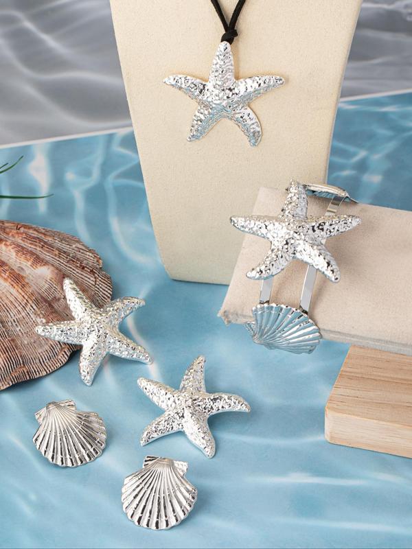 Starfish & Shell Design Jewelry Set, Starfish Shell Stud Earrings Pendant Necklace Cuff Bracelet, Retro Fashion Jewelry for Party, Daily Decor, Exquisite Jewelry for Gift