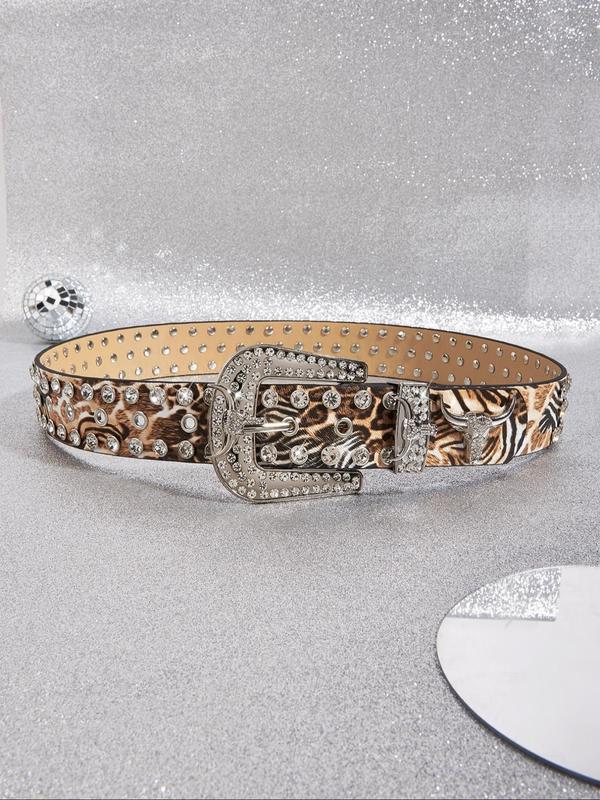 Women's Street Trend Leopard Print Rhinestone Decorated Western Belt, Fashionable Belt for Daily Clothing Decor, Trendy All-match & Exquisite Belt for Birthday Gift