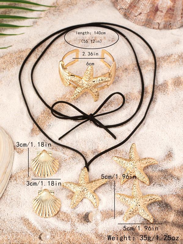 Starfish & Shell Design Jewelry Set, Starfish Shell Stud Earrings Pendant Necklace Cuff Bracelet, Retro Fashion Jewelry for Party, Daily Decor, Exquisite Jewelry for Gift